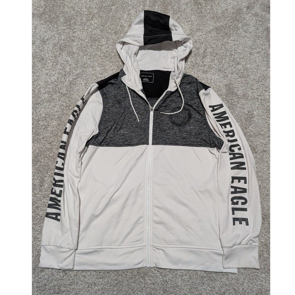 American Eagle Outfitters Men Zip Up‎ Hoodie Gray White Black Logo Size L Y2K